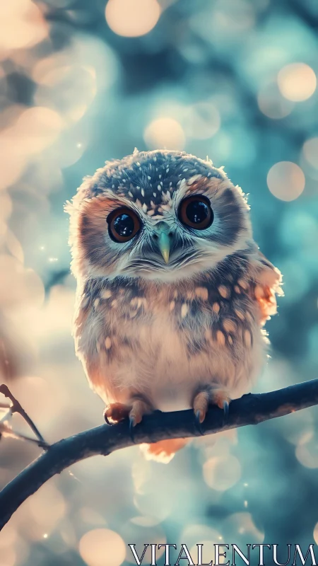 Small owl on branch with defocused circular light bokeh.