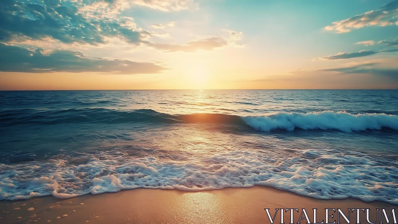 Sunlit waves whisper over pastel shorelines at dusk.