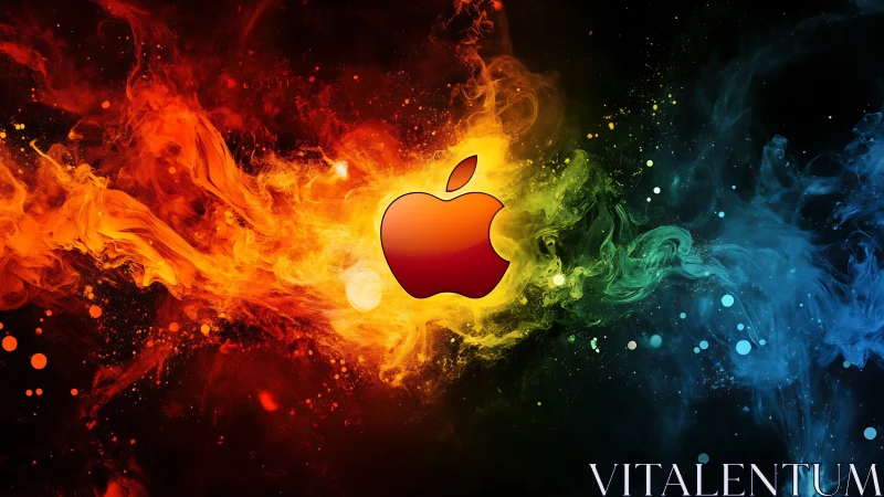 Glossy red apple logo over vivid fire and smoke burst.