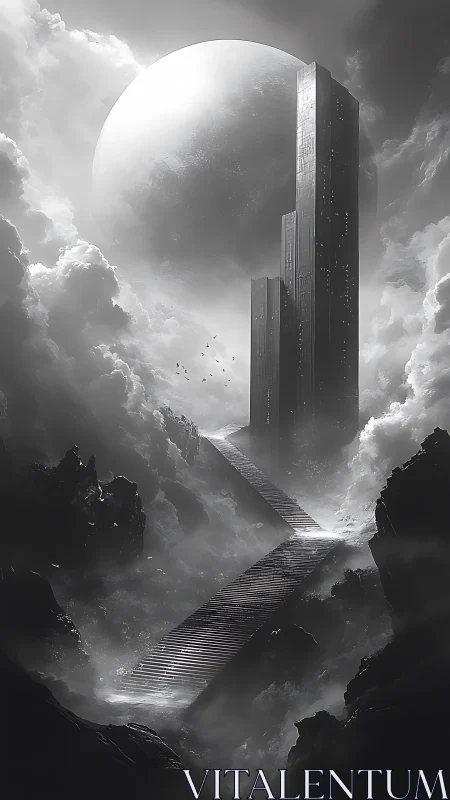 Moonlit monolith stairway ascending through ghostly clouds.