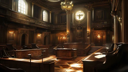 Interior view shows ornate wood-paneled courtroom in use