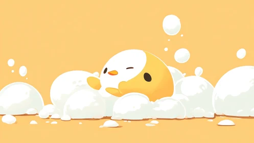 Yellow cartoon chick resting among white soap bubbles.