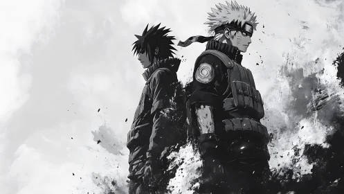 Rival ninja silhouettes divided by swirling ink storm.