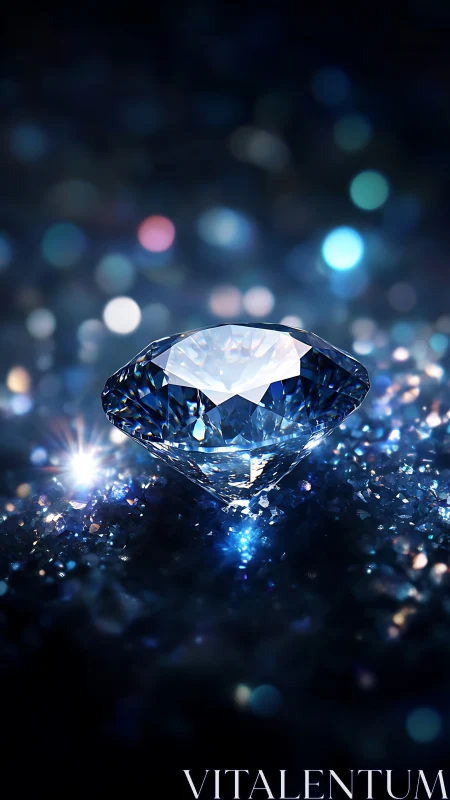 Cut blue diamond refracts bokeh lights in high-contrast macro