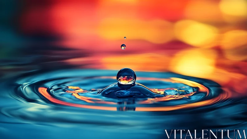 Droplet crowns itself queen atop molten sunset water