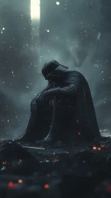 Armored cloaked figure kneels amid smoke and glowing embers