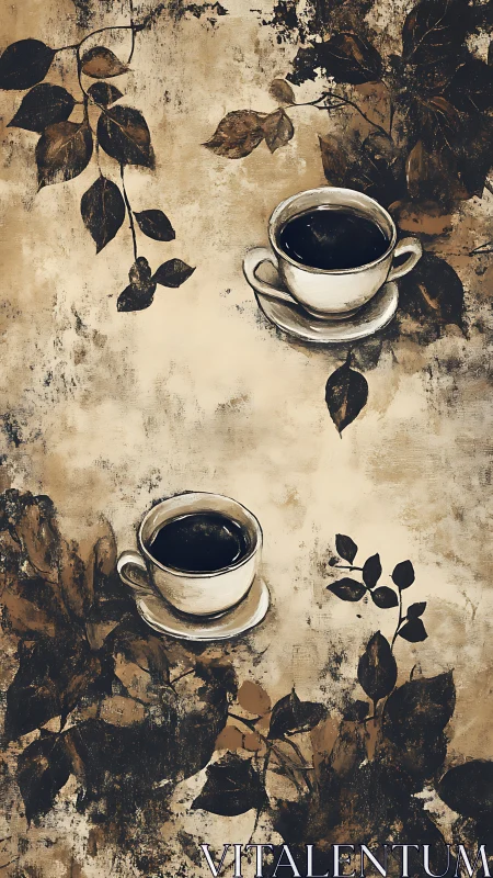 Two coffee cups on textured floral sepia background.