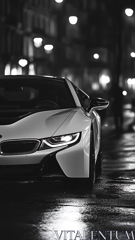 White sports coupe cuts wet city street in moody monochrome.