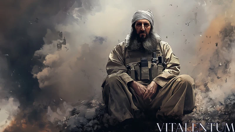 Militant figure seated amid volumetric smoke plumes.