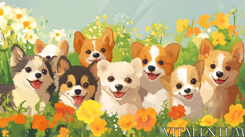 Playful corgi puppies sit together in bright flower meadow