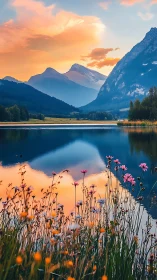 Alpine lake sunset with wildflower shore reflection.