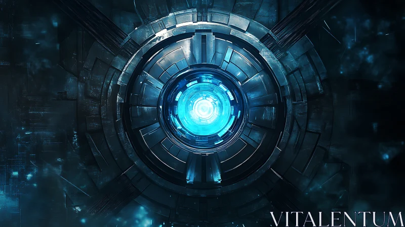 Futuristic blue energy core within circular tech chamber.