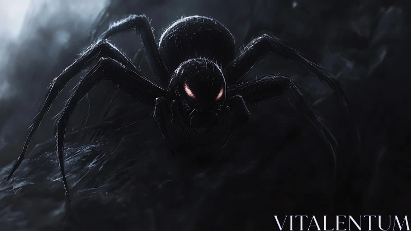 Giant shadow spider with glowing red eyes in cave gloom.
