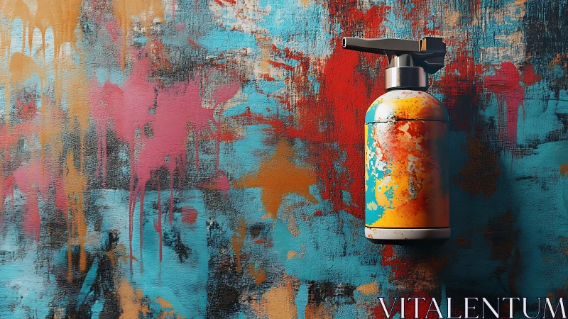 Color-splashed spray can against a wild painted wall.