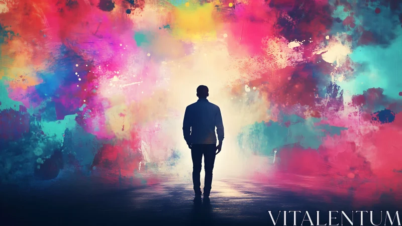 Silhouetted figure before diffuse multicolored abstract field.