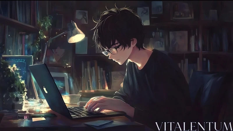 Low-key anime workstation scene with focused laptop typing posture