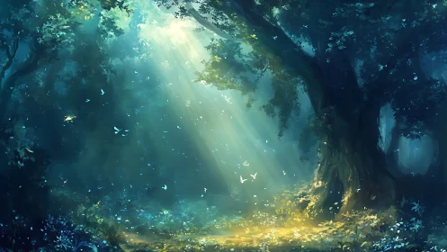 Luminescent Forest Canopy with Volumetric Light Phenomena.