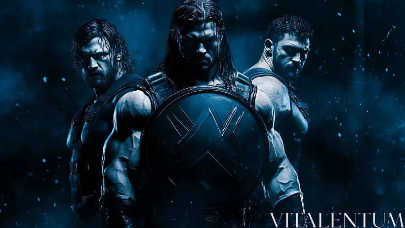 Armored warriors stand united in moody blue cinematic haze