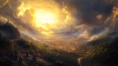 Golden celestial dawn over sprawling valley cityscape.