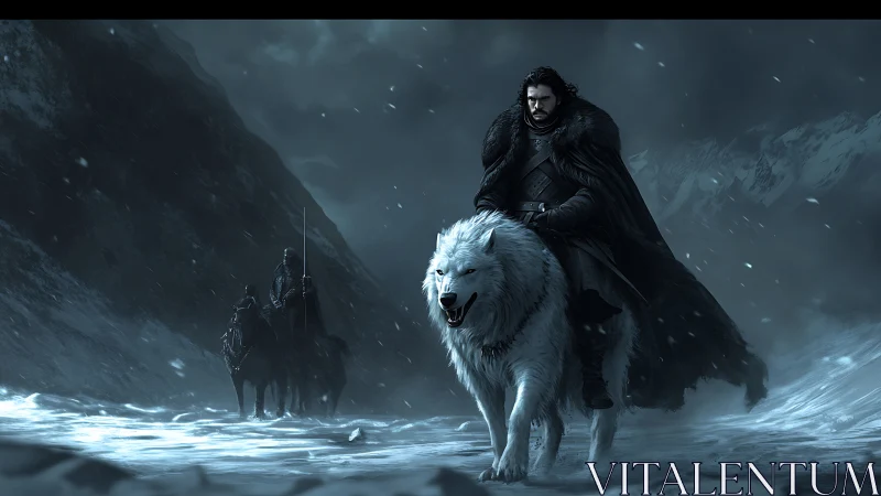 Lone warrior on white wolf crossing frozen mountain pass.