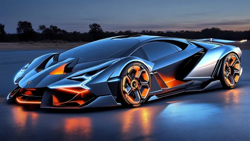 Futuristic hypercar rendered with hard surface reflections and neon accents