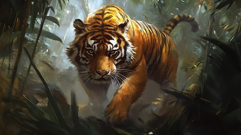 Digital painting shows tiger advancing through dense foliage