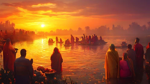 Sunrise river prayers draped in ember-bright devotion.