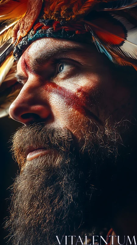 Warrior’s feathered headdress glows in intense side light