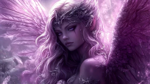Ethereal violet angel in luminous feathered radiance.