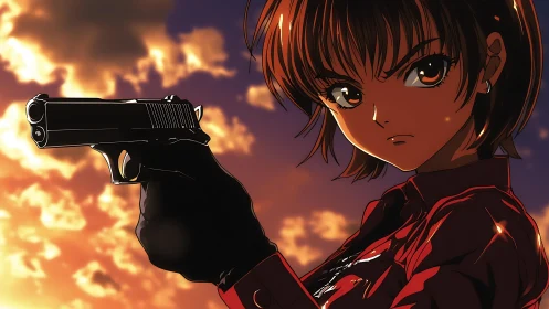 Anime character with handgun against clouded sunset sky.