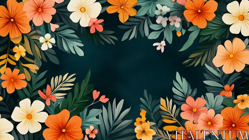 Layered Floral Composition with Warm Chromatic Palette and Botanical Framing.