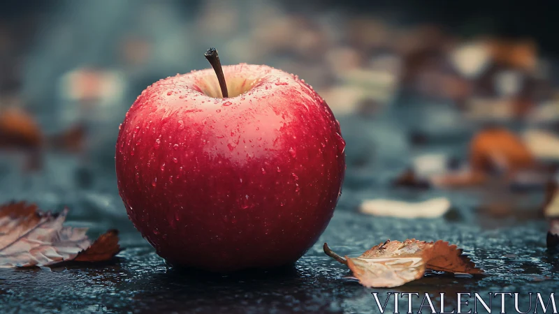 Red apple rests on wet surface with scattered dry leaves