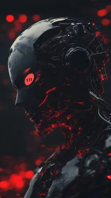 Cyborg profile shows exposed red circuitry in dark environment