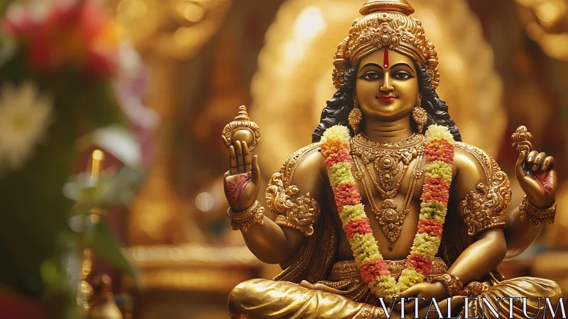 Golden deity in marigold garlands blessing a quiet temple.