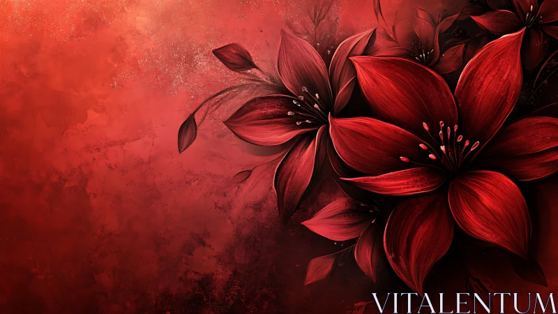 Deep Crimson Botanical Illustration with Ethereal Petals and Atmospheric Gradient