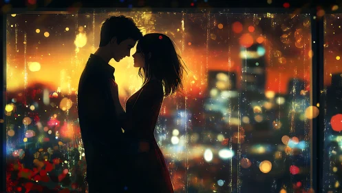 Silhouetted lovers framed by rainlit neon city glow.