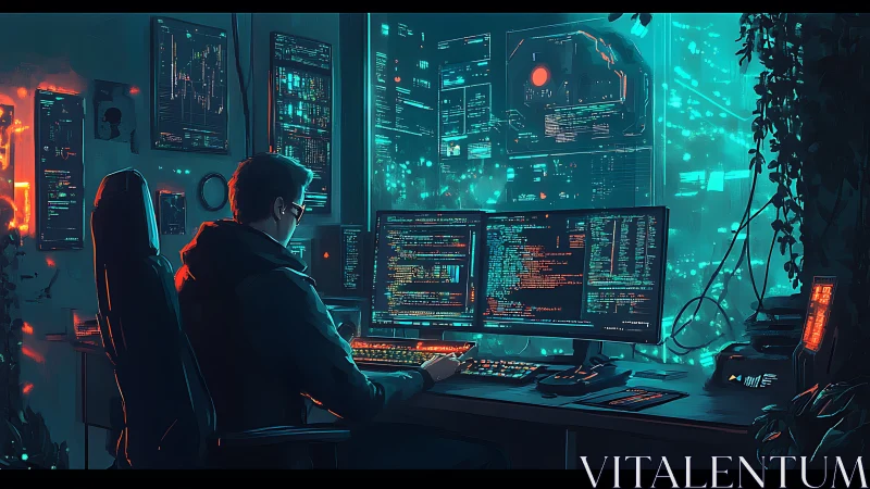 Midnight coder steering neon data currents through glass towers.