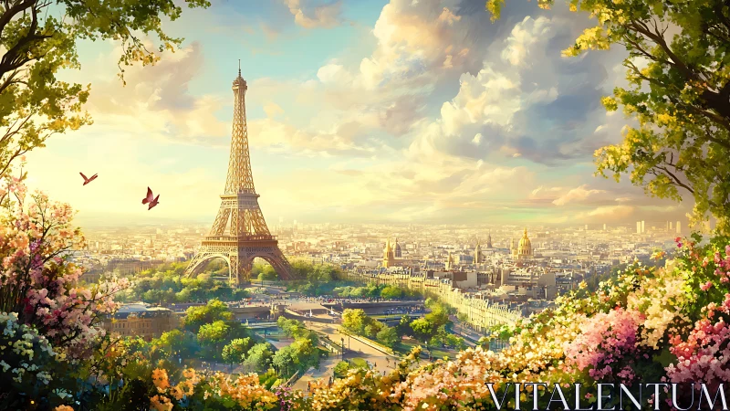 Bloom-kissed Eiffel morning cradled in storybook Paris skies.