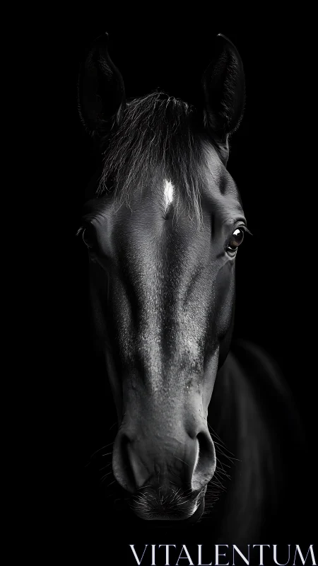 Black horse portrait isolates glossy head against darkness