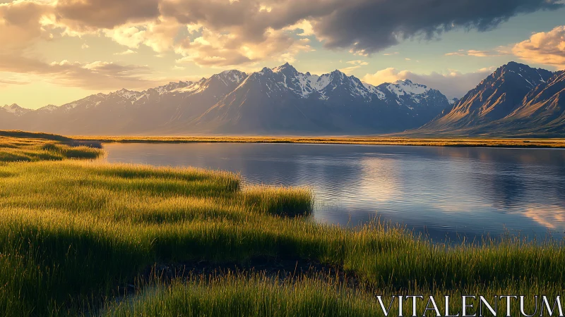 Sunlit alpine lake reflects dramatic snowcapped mountain range