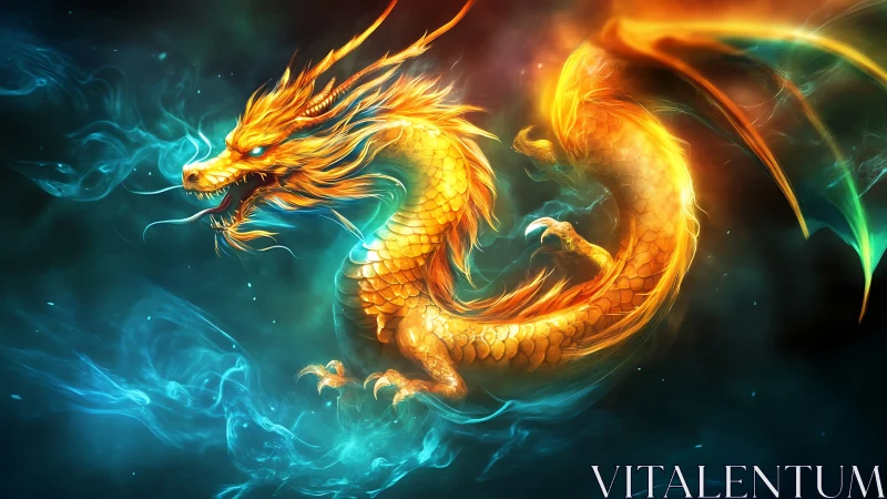 Luminous fire dragon coils through glowing ethereal smoke.