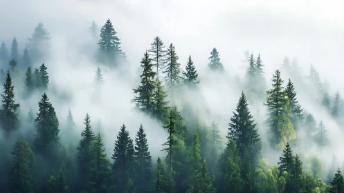 Misty Forest Dreams: Trees Wrapped in Morning Clouds.