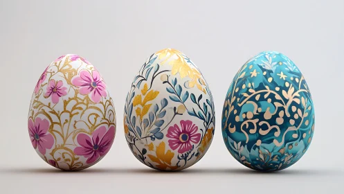 Floral trinity of jewel-toned ornamental eggs in bloom.