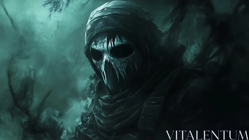 Hooded skeletal operative in teal misted battlefield environment.