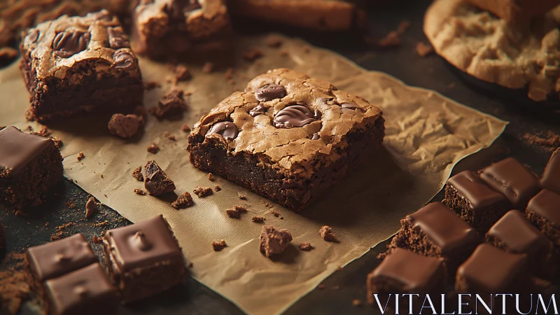 High-resolution close-up of assorted chocolate brownies on parchment