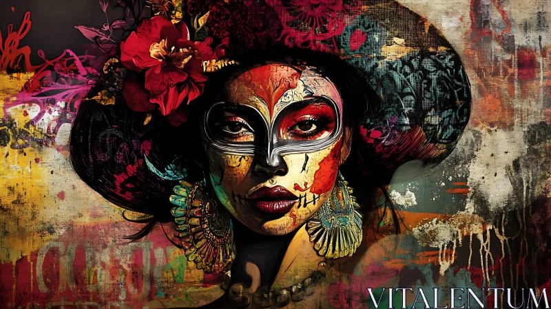 Paint-splashed mask queen in riotous festival portrait.