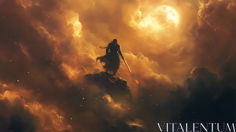 Lone warrior stands beneath a blazing celestial moonlit sky.