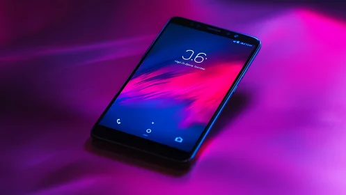 Modern Smartphone with Neon Glow on Vibrant Purple Surface.