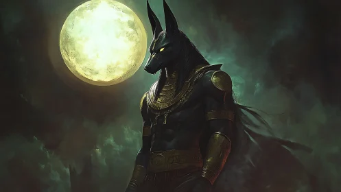 Digital painting of Anubis under luminous full moon sky.