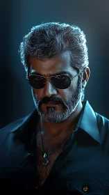 Storm-eyed silver fox in cool cinematic lighting portrait.